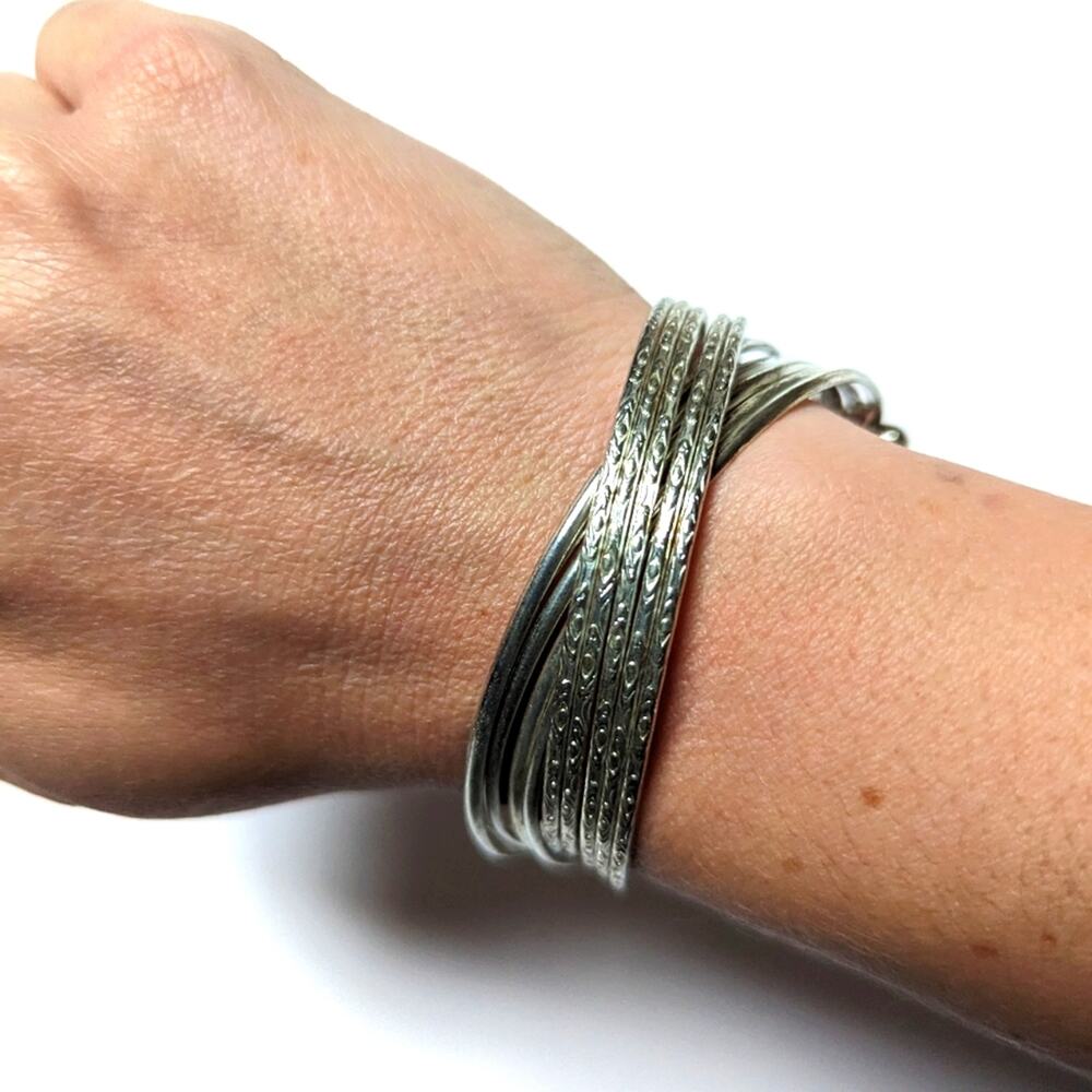 Silver Tone Textured Smooth Criss Cross Boho Layered Bangle Cuff Bracelet